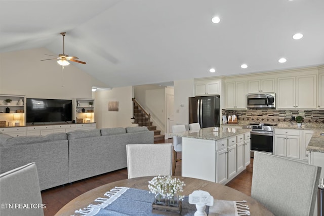 3317 Parrish Hill Ln, Knoxville, TN 37938 - kitchen with light stone counters, stainless steel appliances, vaulted ceiling, a center island, and dark wood-style flooring