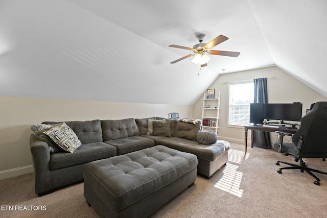 3317 Parrish Hill Ln, Knoxville, TN 37938 - living room with lofted ceiling, baseboards, carpet, and ceiling fan