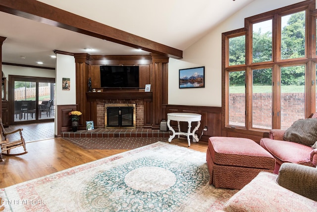living room featuring wood finished floors, lofted ceiling, a wainscoted wall, a fireplace, and crown molding