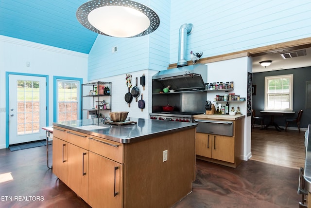kitchen featuring stainless steel countertops, high vaulted ceiling, a warming drawer, visible vents, and wood walls