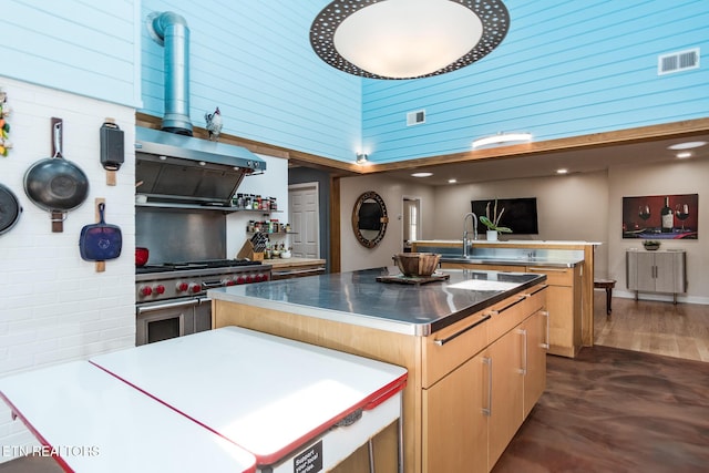 kitchen featuring double oven range, stainless steel counters, a sink, visible vents, and dark wood finished floors