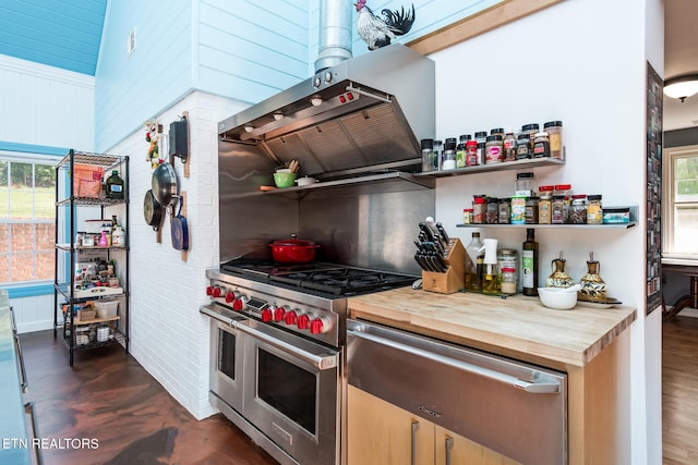 kitchen featuring a warming drawer, double oven range, butcher block countertops, and open shelves
