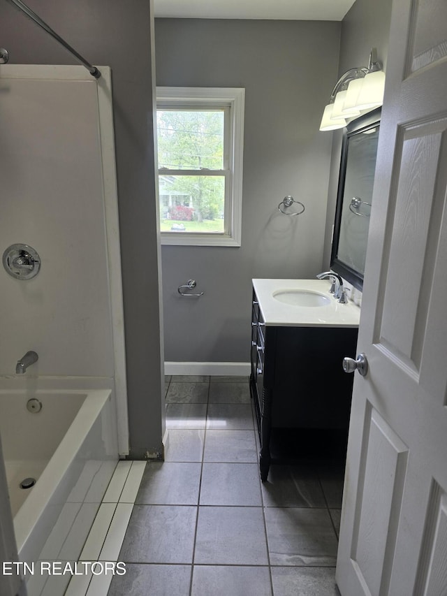 bathroom featuring shower / bathtub combination, vanity, and tile patterned flooring