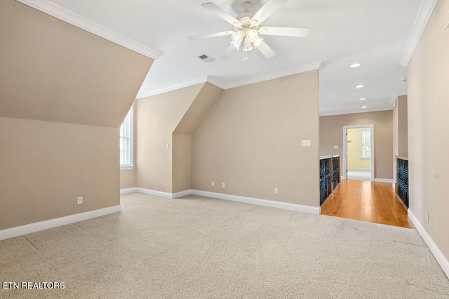additional living space featuring a ceiling fan, visible vents, carpet floors, and baseboards