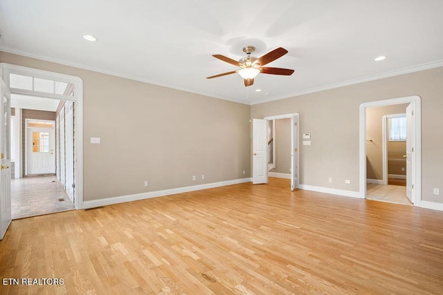 unfurnished room featuring crown molding, baseboards, light wood-type flooring, recessed lighting, and a ceiling fan