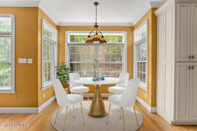 dining room with a healthy amount of sunlight, light wood-type flooring, and baseboards