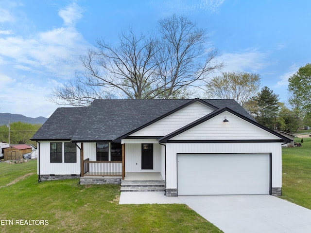 ranch-style home with an attached garage, roof with shingles, a porch, and driveway
