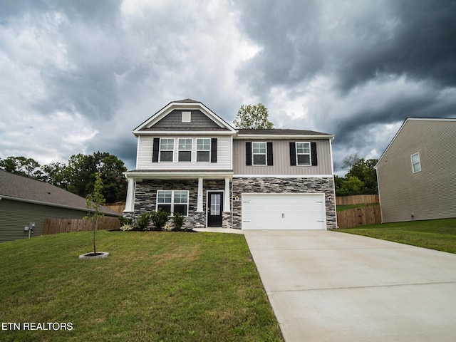 craftsman inspired home with driveway, stone siding, and fence