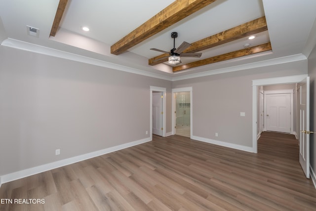 empty room featuring recessed lighting, wood finished floors, beamed ceiling, baseboards, and ceiling fan