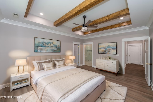 bedroom featuring beam ceiling, visible vents, baseboards, recessed lighting, and wood finished floors