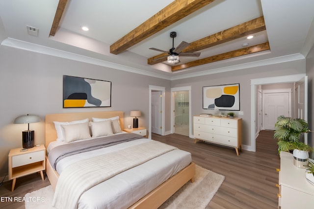 bedroom with baseboards, wood finished floors, beam ceiling, and recessed lighting