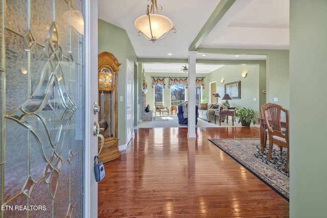 135 Austin Ln, Deer Lodge, TN 37726 - foyer entrance with hardwood / wood-style floors, decorative columns, and baseboards