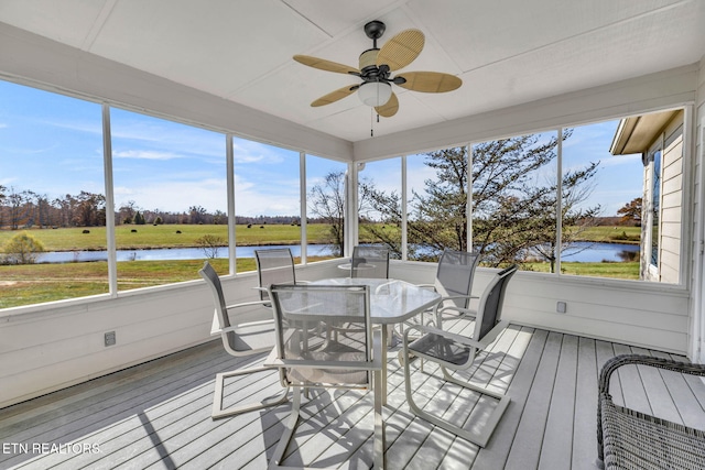 135 Austin Ln, Deer Lodge, TN 37726 - sunroom featuring a wealth of natural light, a ceiling fan, outdoor dining space, and a water view