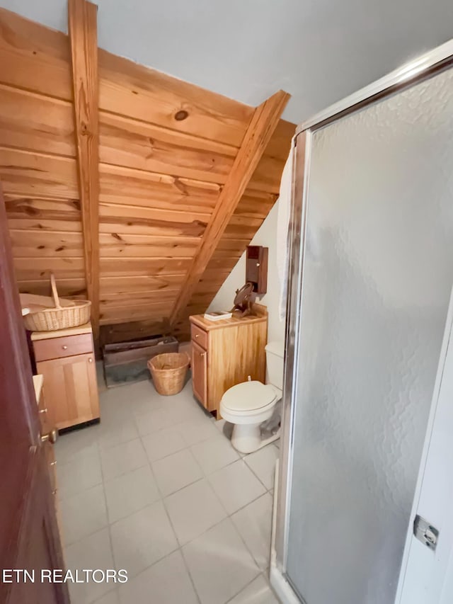 135 Austin Ln, Deer Lodge, TN 37726 - full bathroom with a shower stall, toilet, and wood ceiling