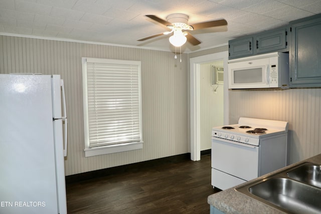 kitchen featuring white appliances, crown molding, dark wood-style floors, and a sink