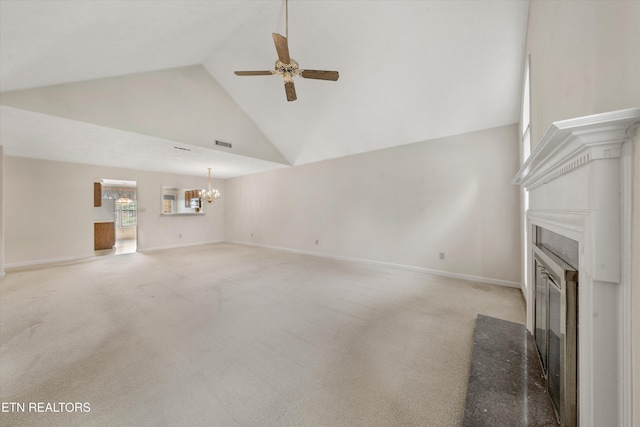 3804 Whitworth Dr, Knoxville, TN 37938 - unfurnished living room featuring a fireplace with flush hearth, visible vents, baseboards, light colored carpet, and ceiling fan with notable chandelier