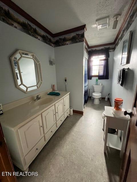 205 Hickory Ln, Jacksboro, TN 37757 - full bath with toilet, tile patterned floors, crown molding, curtained shower, and vanity