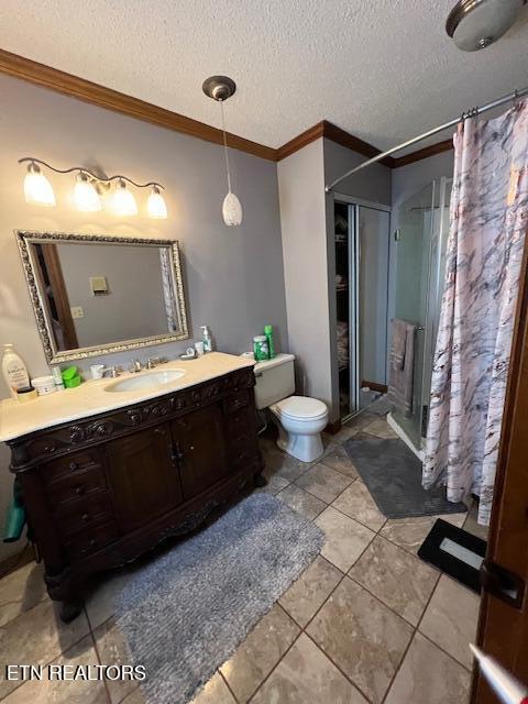 205 Hickory Ln, Jacksboro, TN 37757 - bathroom featuring a shower with curtain, ornamental molding, vanity, and toilet