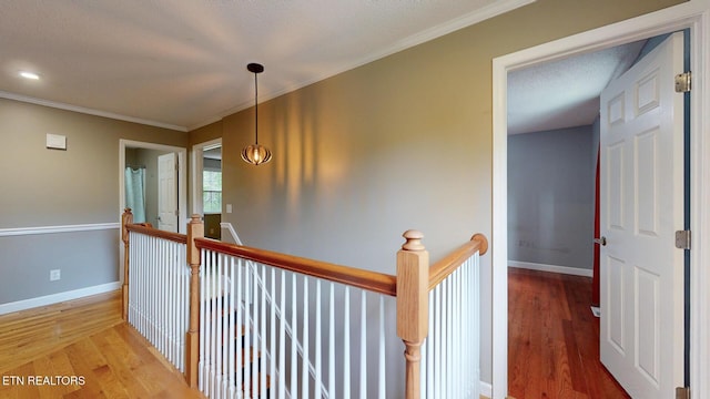 1624 Capitol Blvd, Knoxville, TN 37931 - hall featuring an upstairs landing, light wood-style flooring, baseboards, and crown molding