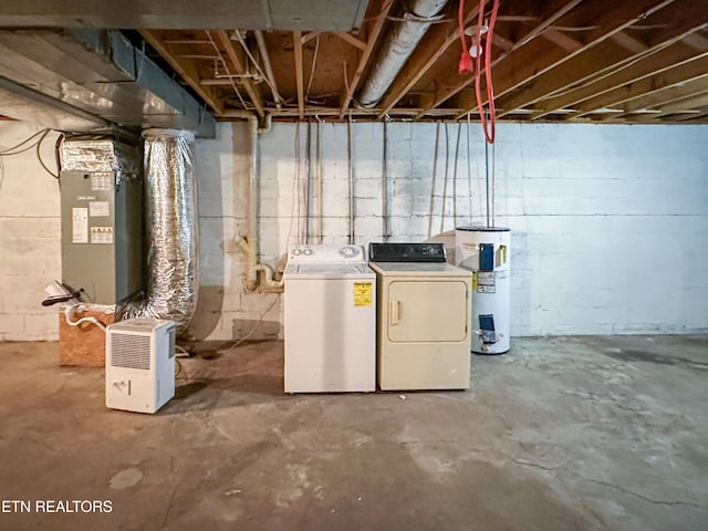 unfinished below grade area with washing machine and clothes dryer and electric water heater