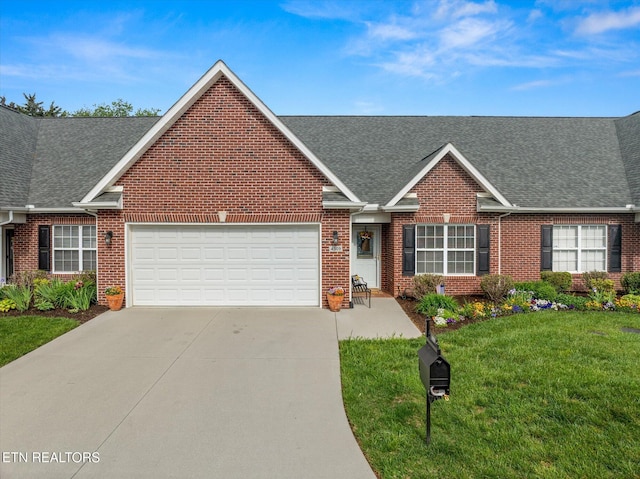 ranch-style home with roof with shingles, an attached garage, driveway, and brick siding