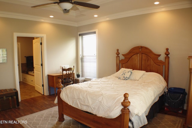 184 Danielle Ct, Harrogate, TN 37752 - bedroom with recessed lighting, crown molding, a ceiling fan, wood finished floors, and ensuite bathroom