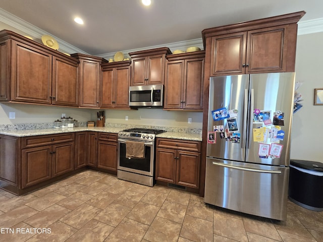 184 Danielle Ct, Harrogate, TN 37752 - kitchen with recessed lighting, crown molding, visible vents, light stone counters, and appliances with stainless steel finishes