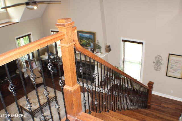 184 Danielle Ct, Harrogate, TN 37752 - stairway with ceiling fan, vaulted ceiling, wood finished floors, and baseboards