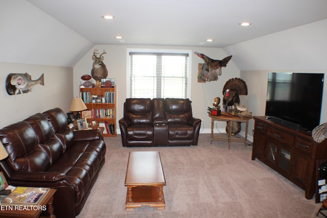 184 Danielle Ct, Harrogate, TN 37752 - living room featuring recessed lighting, baseboards, vaulted ceiling, and light carpet