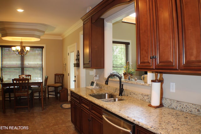 184 Danielle Ct, Harrogate, TN 37752 - kitchen with light stone countertops, a sink, a notable chandelier, crown molding, and dishwasher