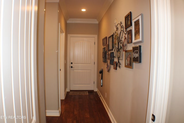184 Danielle Ct, Harrogate, TN 37752 - corridor featuring baseboards, recessed lighting, ornamental molding, and dark wood-style flooring