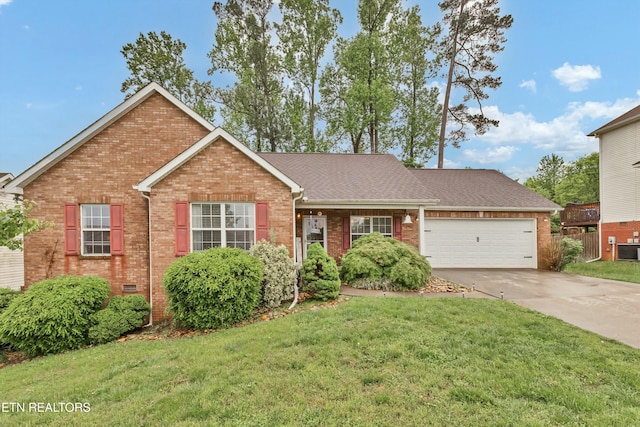 ranch-style house featuring brick siding, a garage, driveway, and a front yard