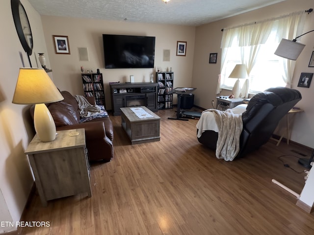 living room with wood finished floors and a textured ceiling