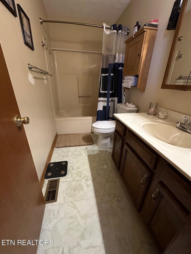 bathroom with toilet, visible vents, shower / tub combo, marble finish floor, and vanity