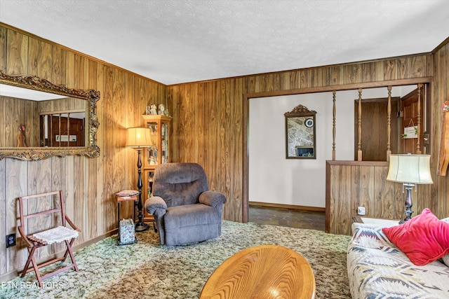 living area with wooden walls, carpet floors, a textured ceiling, and baseboards