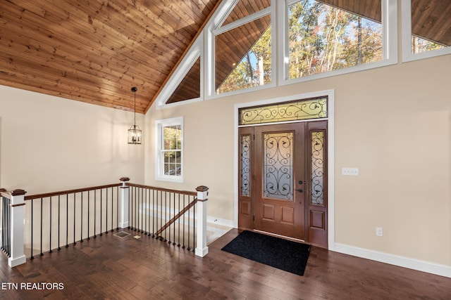 interior space featuring wood ceiling, baseboards, high vaulted ceiling, and dark wood-style flooring