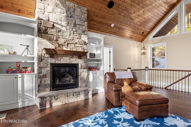 living area with high vaulted ceiling, wooden ceiling, dark wood-type flooring, and a fireplace