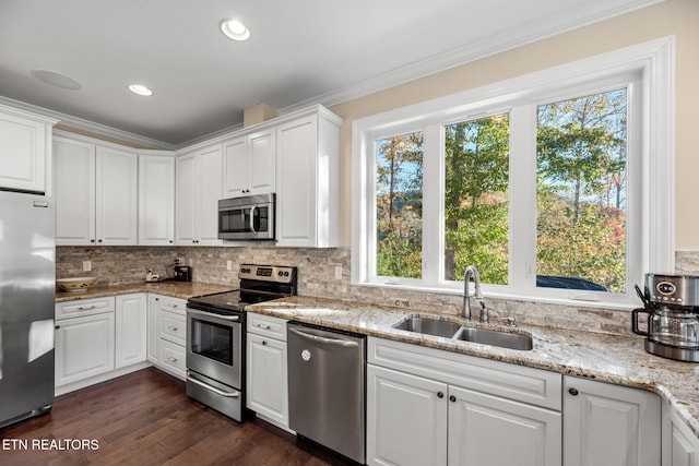 kitchen with backsplash, crown molding, stainless steel appliances, and a sink