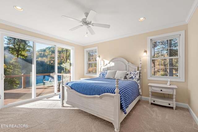 bedroom featuring access to exterior, baseboards, recessed lighting, crown molding, and carpet floors
