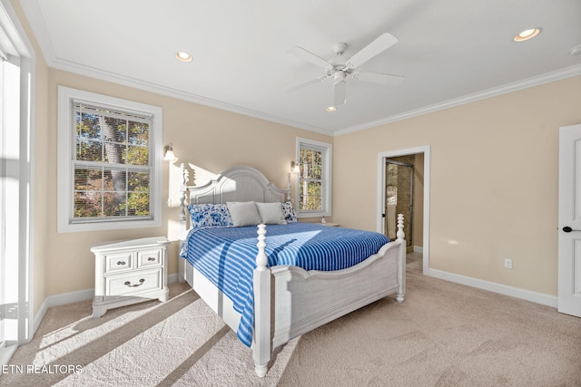 bedroom featuring crown molding, carpet flooring, and baseboards
