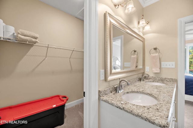bathroom featuring a walk in closet, baseboards, a sink, and double vanity