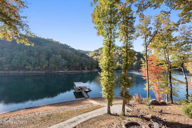 water view featuring a floating dock, a forest view, and a mountain view