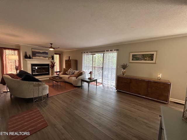 1713 Cardinal Dr, Gatlinburg, TN 37738 - living room featuring a glass covered fireplace, a ceiling fan, ornamental molding, and dark wood finished floors