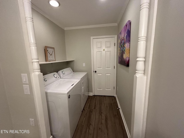 1713 Cardinal Dr, Gatlinburg, TN 37738 - laundry room featuring crown molding, dark wood-style flooring, independent washer and dryer, and baseboards