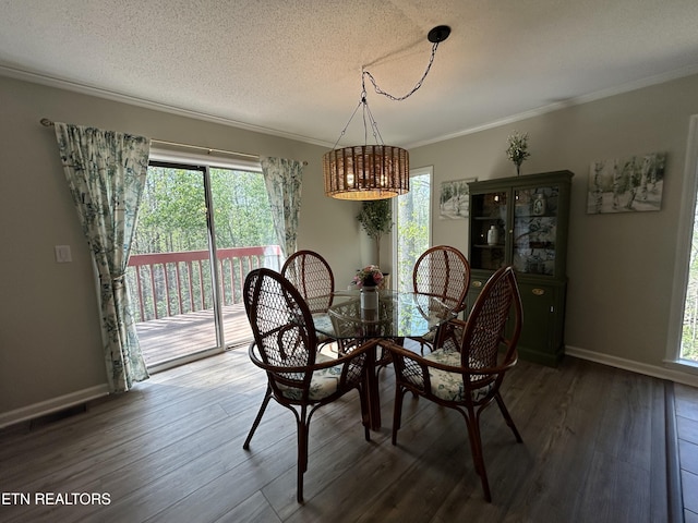 1713 Cardinal Dr, Gatlinburg, TN 37738 - dining space with a chandelier, wood finished floors, ornamental molding, and a textured ceiling