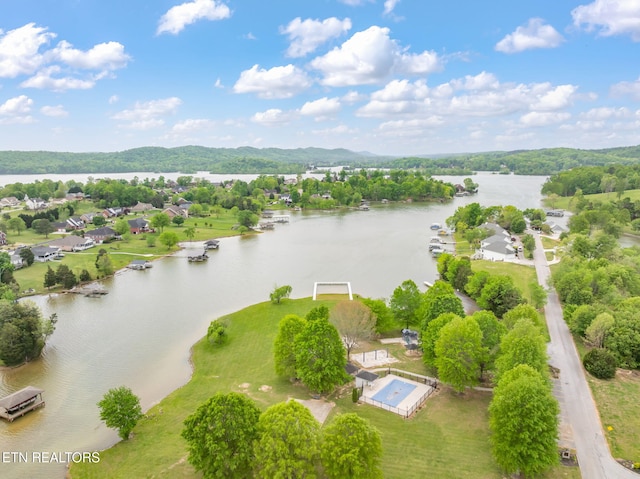 drone / aerial view featuring a water view