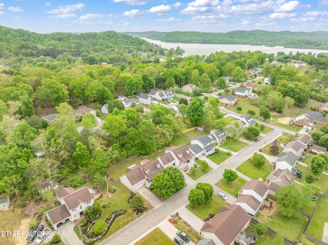 bird's eye view with a water view, a view of trees, and a residential view