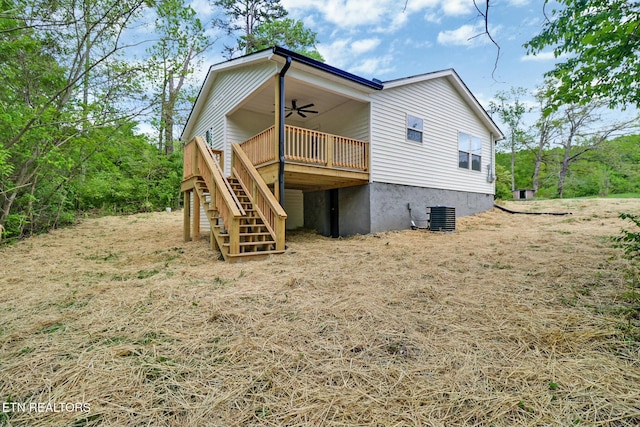 rear view of house with a wooden deck, central AC, stairs, and ceiling fan