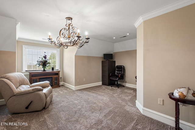 living area with baseboards, carpet floors, an inviting chandelier, ornamental molding, and recessed lighting