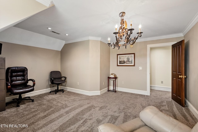 sitting room with carpet floors, crown molding, and visible vents